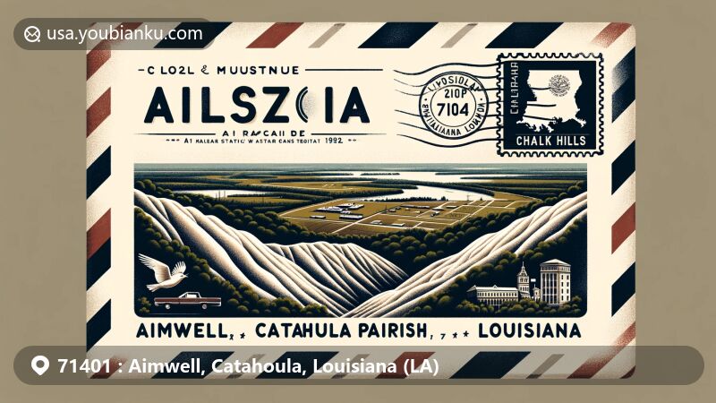 Modern illustration of Aimwell, Catahoula Parish, Louisiana, featuring aerial view of Chalk Hills within vintage air mail envelope, highlighting ZIP code 71401 and Louisiana state symbols.