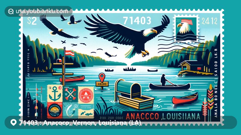 Modern illustration of Anacoco, Vernon Parish, Louisiana, featuring ZIP Code 71403, showcasing South Toledo Bend State Park, Toledo Bend Reservoir, and bald eagles, emphasizing the area's rich natural ecology and outdoor activities.