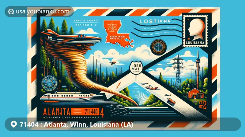 Modern illustration of Atlanta area in Winn Parish, Louisiana, featuring vintage airmail envelope with detailed stamp showcasing Kisatchie National Forest, hinting at local natural beauty. The envelope slightly open reveals a postcard of Mississippi River, with artistic representation of a small tornado alluding to historical events. Background integrates Louisiana and Winn Parish outlines, and a meteorite silhouette found near Atlanta. Celebrating postal service role in community connection, design embodies rich history and geographic context.