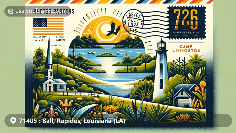 Modern illustration of Ball, Rapides Parish, Louisiana, featuring a creative airmail envelope design incorporating landmarks like Camp Livingston and symbols of Louisiana state flag, with ZIP code 71405 and local flora/fauna.