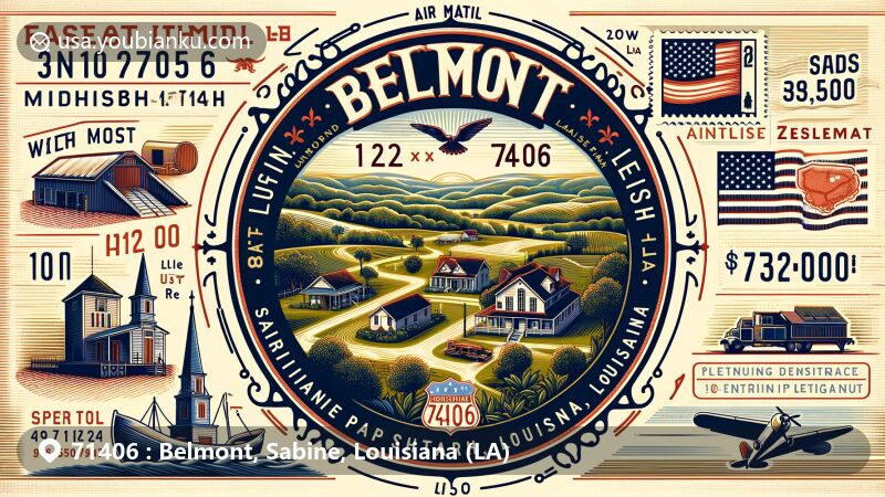 Modern illustration of Belmont, Sabine Parish, Louisiana, featuring tranquil rural landscape, Louisiana state flag, and vintage air mail envelope with ZIP code 71406.