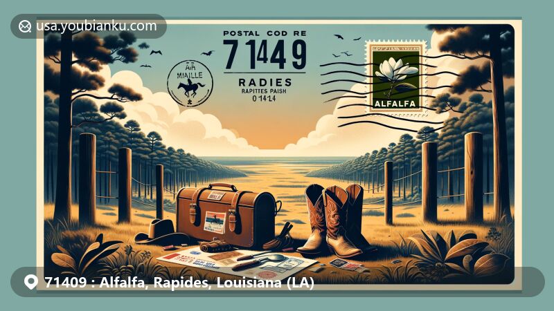 Modern illustration of Alfalfa, Rapides, Louisiana, highlighting postal theme with ZIP code 71409, featuring Louisiana state symbols and cowboy culture.