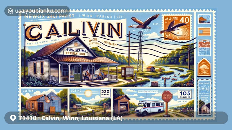 Contemporary illustration depicting the serene village atmosphere of Calvin, Winn Parish, Louisiana, with rural charm and landmarks like Gum Springs Recreation Area in Kisatchie National Forest.