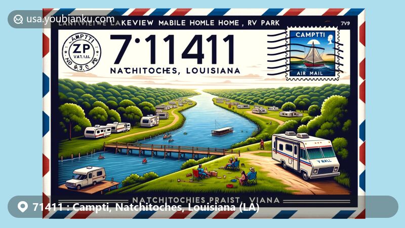 Modern illustration of Campti, Natchitoches Parish, Louisiana, capturing the scenic Red River, lush greenery, and Lakeview Mobile Home and RV Park, enclosed in an air mail envelope with Louisiana state flag stamp and ZIP code 71411.