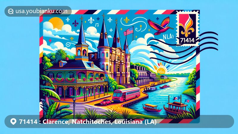 Modern illustration of Clarence, Natchitoches, Louisiana, displaying postal theme with ZIP code 71414, showcasing French and Spanish architectural influences, Louisiana's cultural heritage, including music and cuisine, and the scenic Cane River Lake.