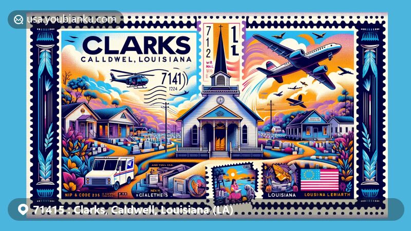 Modern illustration of Clarks, Caldwell Parish, Louisiana, showcasing postal theme with ZIP code 71415, featuring New Bethel Cemetery and Louisiana state symbols.