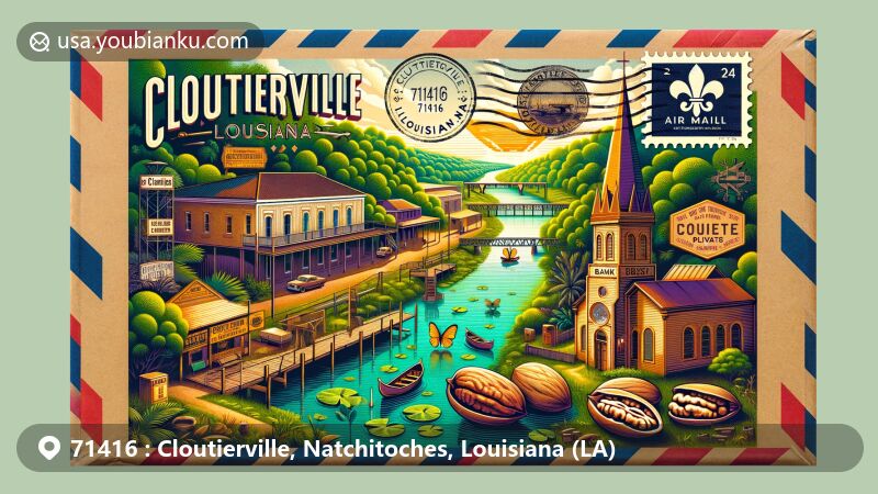 Modern illustration of Cloutierville, Natchitoches, Louisiana, highlighting ZIP code 71416 on an airmail envelope, featuring Cane River, Bank of Cloutierville, St. John the Baptist Catholic Church, Louisiana state flag stamp, and Natchitoches Pecans.