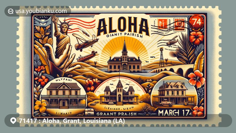 Modern illustration of Aloha, Grant Parish, Louisiana, highlighting Hawaiian inspiration and Louisiana's cultural heritage, featuring historical landmarks like Colfax Jail and Ethridge House, natural beauty of Red River and Kisatchie National Forest, and postal theme with ZIP code 71417.
