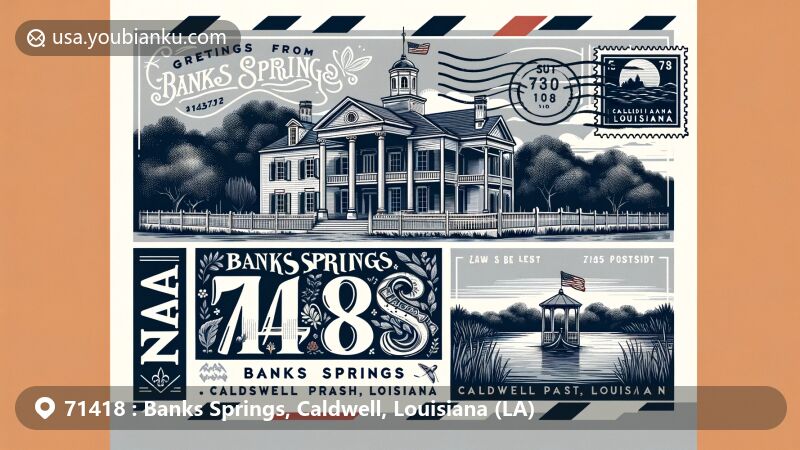 Modern illustration of Banks Springs, Caldwell Parish, Louisiana, featuring Breston Plantation House in Greek Revival style, Davis Lake, and a postcard design with Louisiana state flag stamp and handwritten 'Greetings from Banks Springs, 71418, Caldwell Parish, Louisiana.'