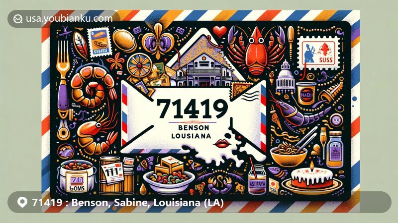 Modern illustration of Benson, Sabine Parish, Louisiana, showcasing postal theme with ZIP code 71419, featuring airmail envelope, stamps, postmarks, and cultural elements like seafood, gumbo, Mardi Gras masks, and jazz instruments.