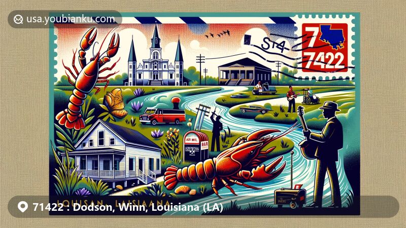 Modern illustration of Dodson, Winn Parish, Louisiana, featuring small-town charm and rural scenery, incorporating Louisiana cultural elements like crawfish, a jazz musician silhouette, and beignets, with a vintage postcard showcasing ZIP code 71422 and state symbols.