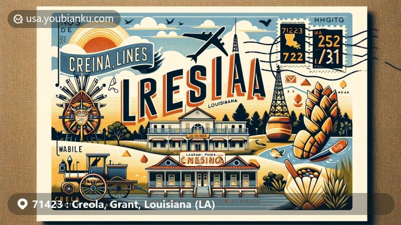 Modern illustration of Creola, Louisiana, showcasing postal theme with ZIP code 71423 and cultural elements, featuring Jena Choctaw Pines Casino and Creole heritage.