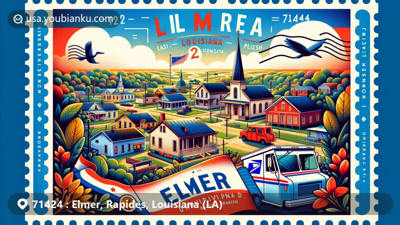 Modern illustration of Elmer, Louisiana, blending postal elements with local charm and Louisiana symbols, portraying iconic landmarks and natural landscapes, reflecting the theme of communication through mail in a vintage postcard layout.