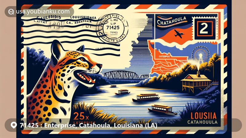 Modern illustration of Enterprise, Catahoula, Louisiana, highlighting postal theme with ZIP code 71425, featuring Catahoula Parish silhouette, Ouachita River, and Catahoula Leopard Dog.