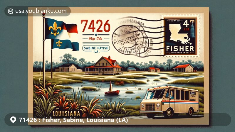 Modern illustration of Fisher, Sabine Parish, Louisiana, showcasing postal theme with ZIP code 71426, featuring airmail envelope with stamp of Fisher village outline and Louisiana state flag.