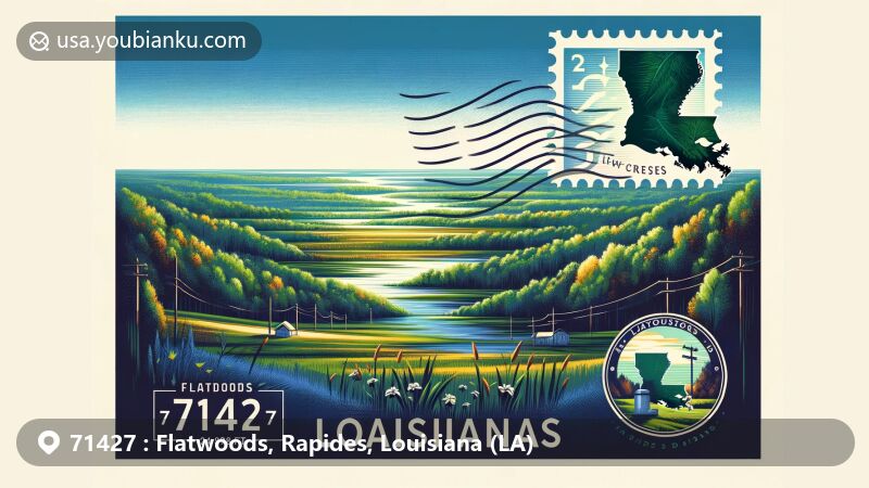 Modern illustration of Flatwoods, Rapides Parish, Louisiana, highlighting lush landscapes and a vintage postcard theme with ZIP code 71427 and area's elevation at 299 feet.