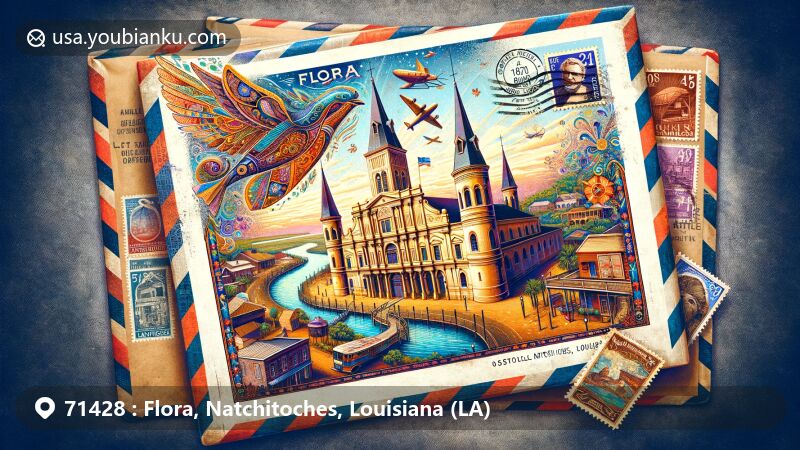 Modern illustration of Flora in Natchitoches, Louisiana, showcasing postal theme with Basilica of the Immaculate Conception, 18th-century architecture, Cane River, Louisiana cuisine, and vintage stamps reflecting state history.