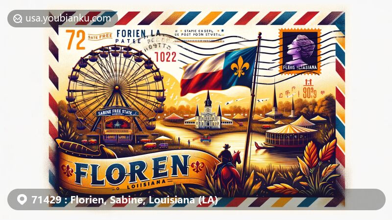 Modern illustration of Florien, Sabine, Louisiana, showcasing postal theme with ZIP code 71429, featuring Sabine Free State Festival, Louisiana state flag, and postal elements.