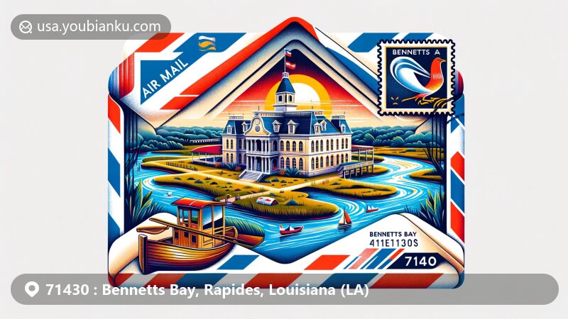 Modern illustration of Bennetts Bay, Rapides Parish, Louisiana, featuring air mail envelope with Rapides Parish Courthouse, Red River, and Bayou Rigolette, adorned with vintage postage stamp and Louisiana state flag.