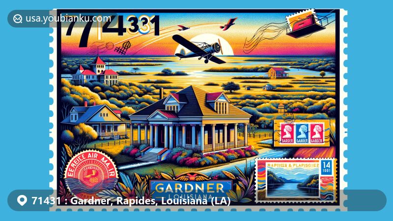 Modern illustration of Gardner, Louisiana, capturing the essence of ZIP code 71431 with a blend of local landmarks and postal motifs, featuring historic house Eden and the natural beauty of Rapides Parish.