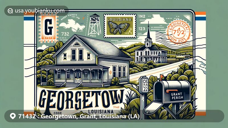 Modern illustration of Georgetown, Grant Parish, Louisiana, capturing rural charm with postal theme and ZIP code 71432, showcasing lush greenery typical of Louisiana, featuring stylized postcard and mailbox with state emblem.