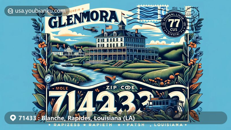 Modern illustration of Glenmora, Rapides Parish, Louisiana, showcasing the Bentley Hotel and the lush landscape of Louisiana, presented in a postcard-inspired design with postal elements and ZIP code 71433.