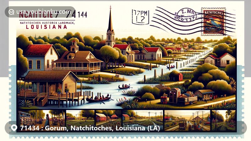 Modern illustration of Gorum, Natchitoches Parish, Louisiana, showcasing postal theme with ZIP code 71434, blending rural charm and historic architecture of Natchitoches National Historic Landmark District.