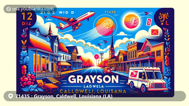Modern illustration of Grayson, Caldwell Parish, Louisiana, highlighting postal theme with ZIP code 71435, featuring local landmarks and cultural symbols.