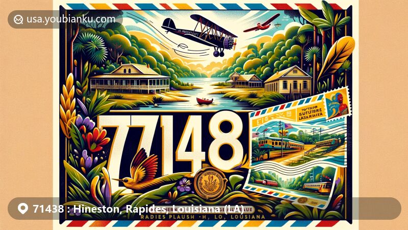 Modern illustration of Hineston, Rapides Parish, Louisiana, featuring Kisatchie National Forest, vintage air mail envelope, and local landmarks in a wide format suitable for a website.