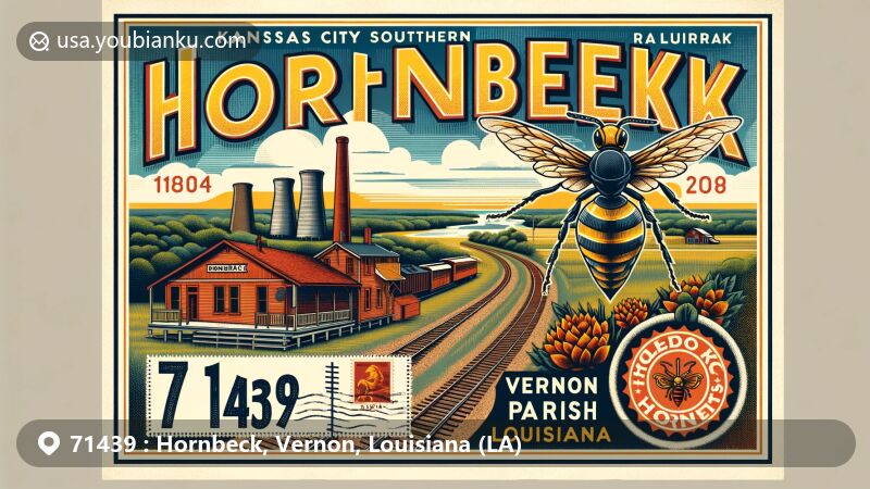 Modern illustration of Hornbeck, Vernon Parish, Louisiana, featuring Kansas City Southern Railroad, Hornbeck Hornets symbol, Toledo Bend 'Gateway', and vintage postal elements, elegantly merging town's history, geography, and postal characteristics.