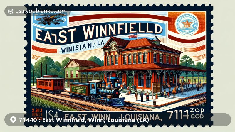 Modern illustration of East Winnfield, Winn, Louisiana, showcasing postal theme with ZIP code 71440, featuring Louisiana Political Museum at L & A Railroad Depot and Louisiana Forest Festival.