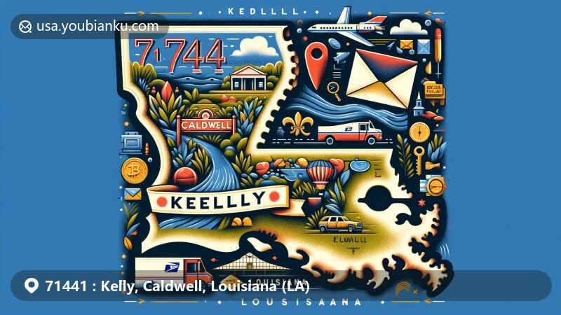 Modern illustration of Kelly, Louisiana, featuring ZIP code 71441, showcasing a blend of local and postal elements with Caldwell Parish representation and typical postal symbols like air mail envelope, postage stamp, and postal truck.