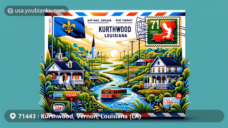 Modern illustration of Kurthwood, Louisiana, showing a creative air mail envelope design with ZIP code 71443, featuring local natural beauty and cultural landmarks.