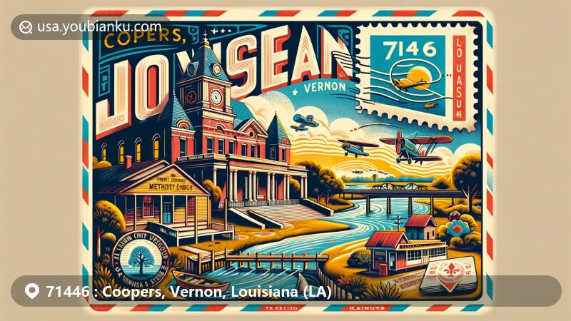 Modern illustration of Coopers and Vernon in the 71446 ZIP code area of Louisiana, featuring key landmarks like Vernon Parish Courthouse, Vernon Lake, First United Methodist Church, and Kansas City Southern Depot.