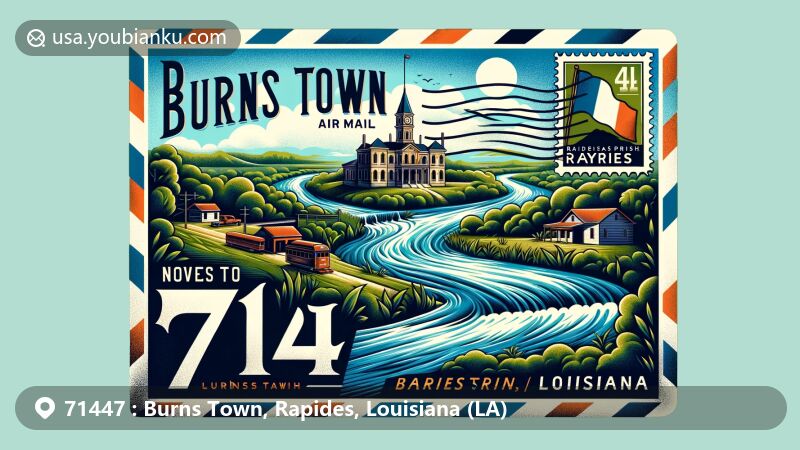 Modern illustration of Burns Town, Rapides, Louisiana, highlighting ZIP code 71447, featuring scenic Red River and Courthouse, with Louisiana state flag stamp.