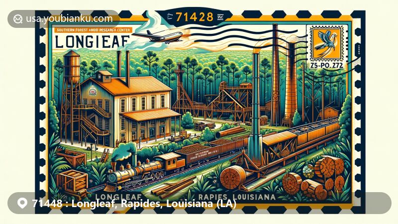 Modern illustration of Longleaf, Rapides, Louisiana, showcasing ZIP code 71448 and Southern Forest Heritage Museum, with vintage sawmill town theme and lush forestry backdrop.