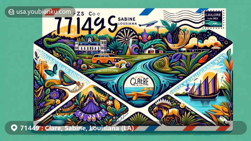 Modern illustration of Clare, Sabine, Louisiana area, resembling an air mail envelope, featuring Toledo Bend Lake Country, Mardi Gras Parade in Many, Choctaw Apache Tribal Powwow, and Sabine Parish Museum.