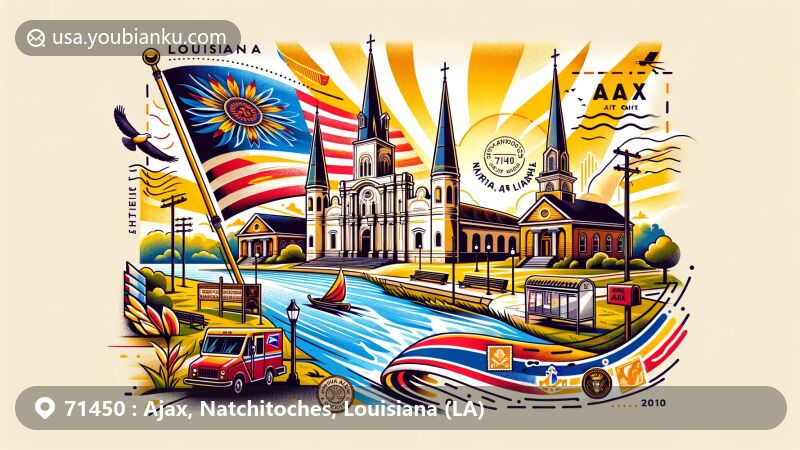 Modern illustration of Adai Indian Nation Cultural Center and St. Anne's Catholic Church in Ajax, Natchitoches Parish, Louisiana, featuring Louisiana state flag, postal elements, and '71450' ZIP Code.