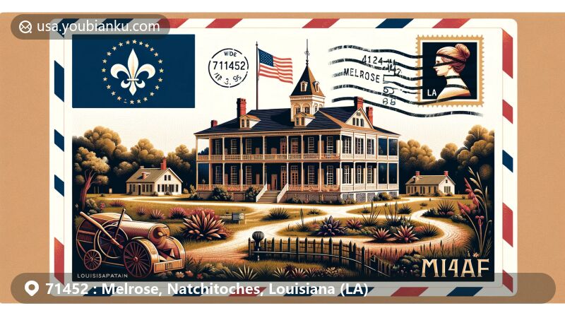 Modern illustration of Melrose, Louisiana, highlighting ZIP code 71452, with focus on historic buildings of Melrose Plantation and Southern vegetation, integrating Louisiana flag and airmail envelope.