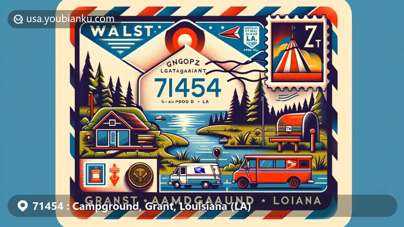Modern illustration of Campground, Grant Parish, Louisiana, highlighting postal theme with ZIP code 71454, featuring vintage airmail envelope, Louisiana postage stamp, and postal mark.