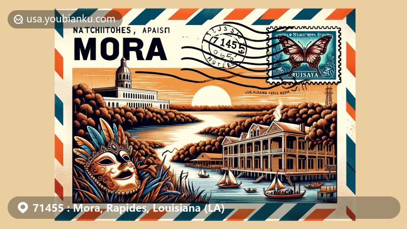 Modern illustration of Mora, Louisiana, featuring a vintage airmail envelope design with Natchitoches Parish outline, Mississippi River representation, and iconic symbols of Louisiana like the Old State Capitol, Oak Alley Plantation live oaks, and Mardi Gras mask, all tied together with ZIP code 71455.