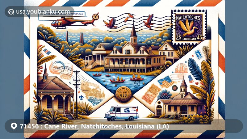 Modern illustration of Natchitoches, Louisiana, featuring an airmail envelope with '71456' ZIP code, showcasing symbols of Cane River Creole National Historical Park and historic Natchitoches buildings.