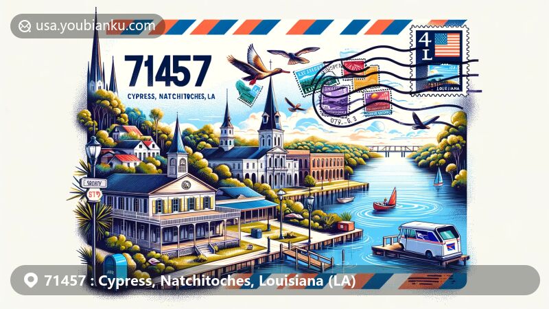 Modern illustration of Cypress and Natchitoches area in Louisiana, highlighting Cane River Lake and historic architecture of Natchitoches National Historic Landmark District, with postal theme showcasing ZIP code 71457.
