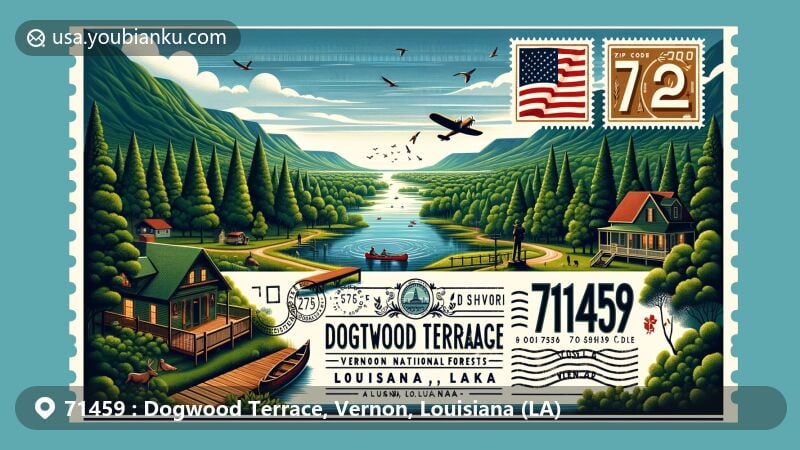 Modern illustration of Dogwood Terrace, Vernon County, Louisiana, featuring Kisatchie National Forest, Vernon Lake, hiking trail, canoe, local wildlife, and postal elements with ZIP code 71459.