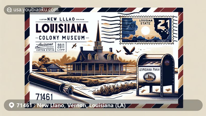 Modern illustration of New Llano Colony Museum in Louisiana, featuring airmail envelope with Louisiana state flag stamp and ZIP code 71461, surrounded by natural scenery and postal elements.
