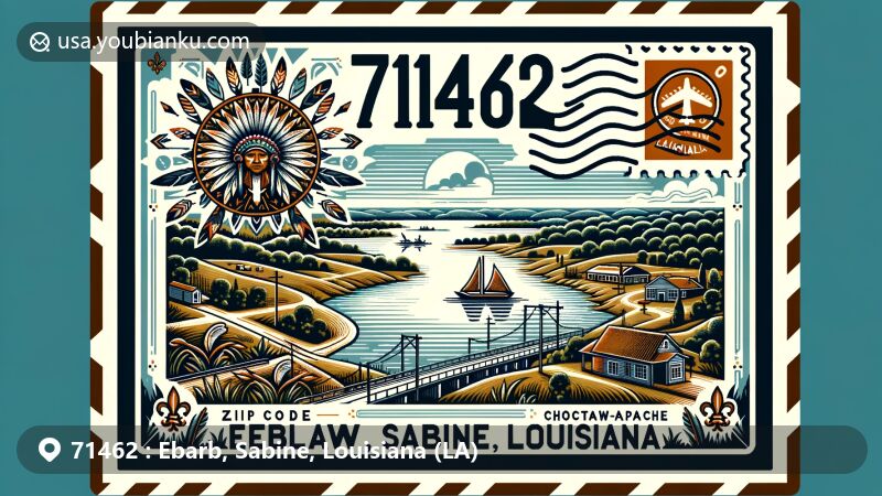 Modern illustration of Ebarb, Sabine Parish, Louisiana, showcasing Choctaw-Apache Tribe symbols, Toledo Bend Reservoir views, and Louisiana's natural beauty, framed with vintage airmail envelope featuring ZIP code 71462.