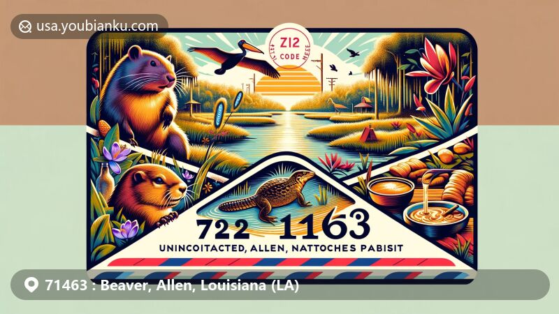 Modern illustration of Allen, Natchitoches Parish, Louisiana, showcasing postal theme with ZIP code 71463, featuring Louisiana state symbols and iconic cuisine.