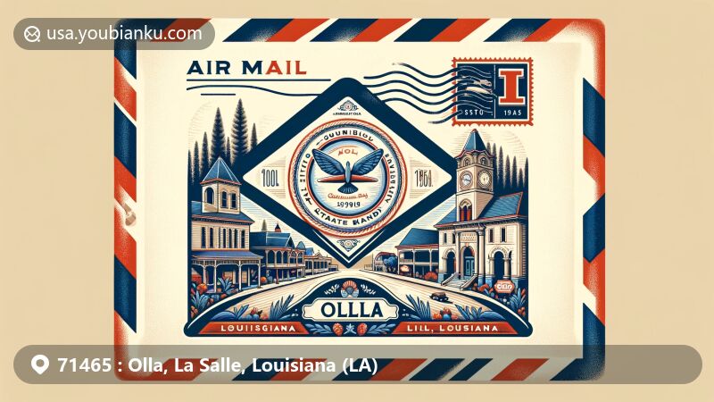 Modern illustration of Olla, Louisiana, merging postal themes with regional characteristics, featuring vintage airmail envelope, Olla Historic District with Romanesque Revival architecture, Central Louisiana Bluegrass Festival, and postal elements like ZIP Code 71465.