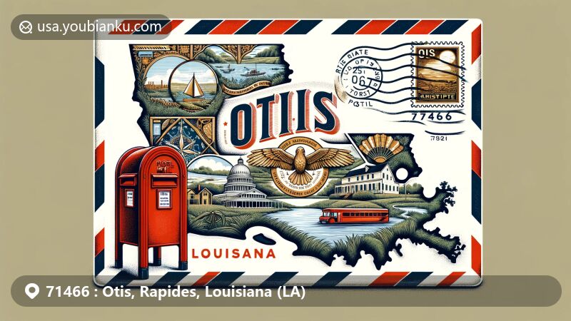Modern illustration of Otis, Louisiana, in Rapides Parish, themed as a vintage air mail envelope with ZIP code 71466, featuring Rapides Parish and Louisiana state outlines, the Mississippi River, Jean Lafitte National Historical Park emblem, Louisiana state flag stamp, 'Otis, Louisiana' postmark, and a red postbox, symbolizing communication and connection.