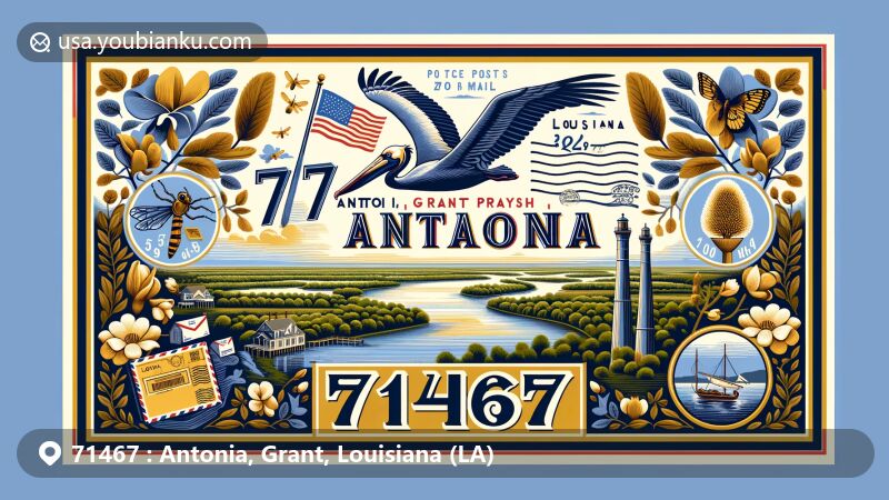 Contemporary wide-format illustration of Antonia, Grant Parish, Louisiana, merging postal elements with local symbols. Features lush Louisiana landscapes, brown pelican, magnolias, and state flag. Foreground resembles vintage air mail envelope with prominent ZIP code 71467. Border with bald cypress motifs, honeybee, and alligator. Color scheme in blue, gold, and white, reflecting Louisiana's state colors.